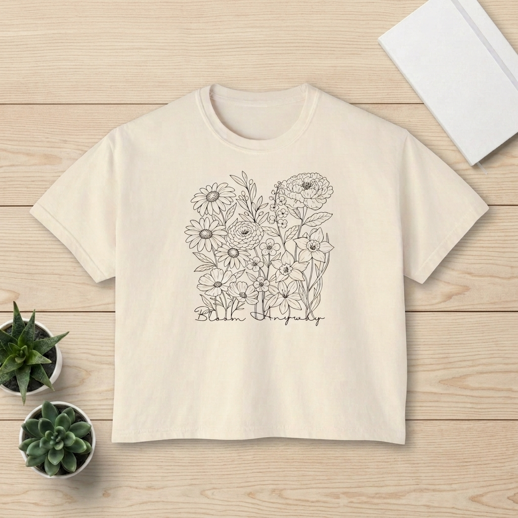 Floral Line Art Boxy T-Shirt, Women’s Botanical Sketch Tee - 14987