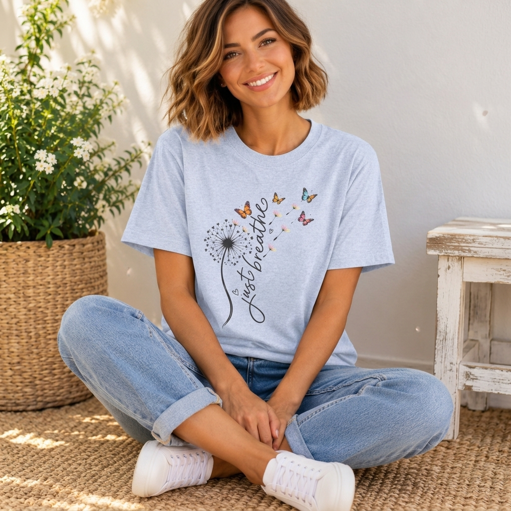 Just Breathe Dandelion T-Shirt,  Butterfly Inspirational Tee - 14519