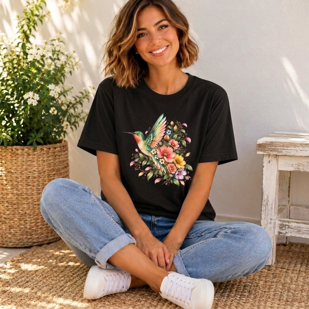 Colorful Hummingbird Floral T-Shirt, Nature Lover Tee - 14516
