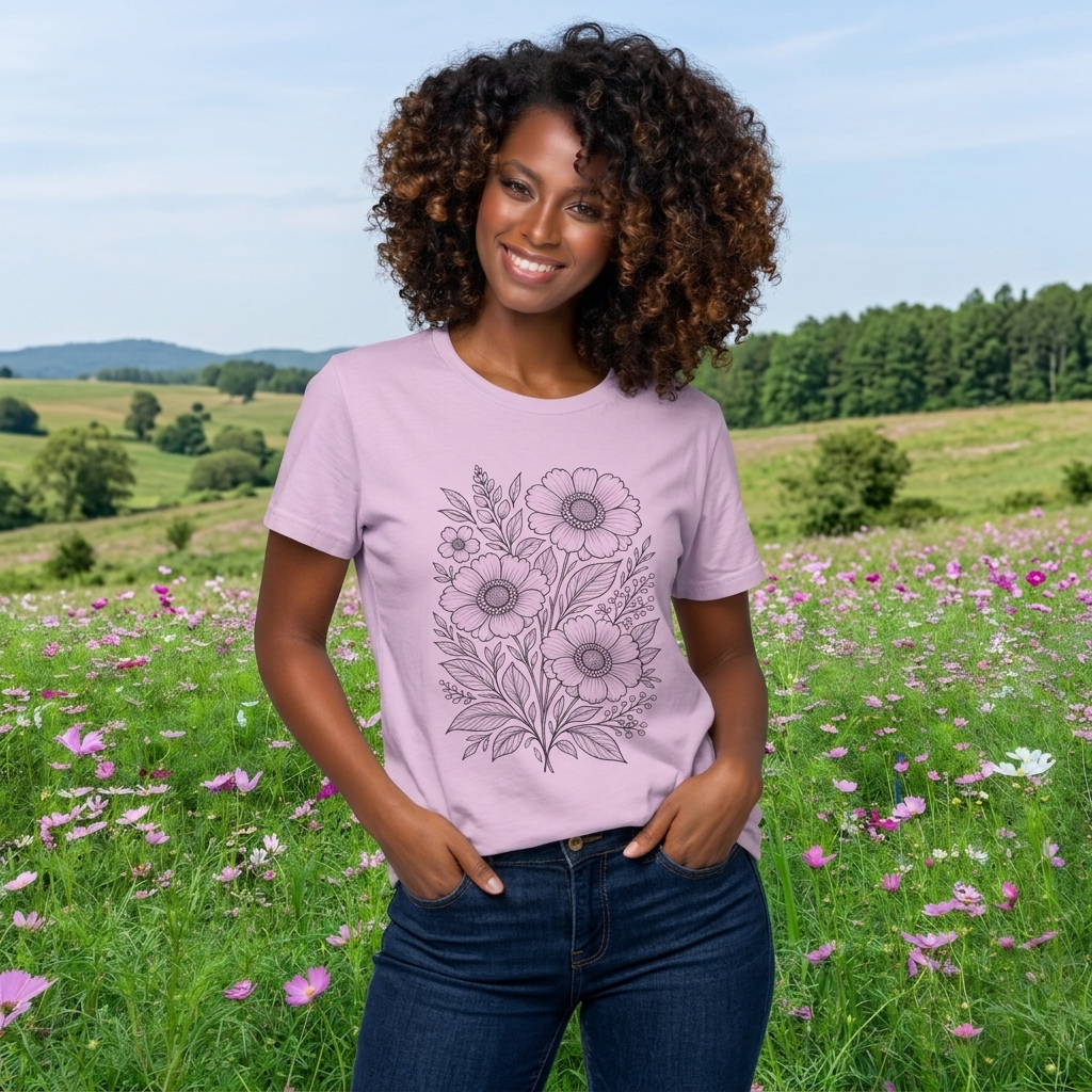 Vintage Floral Line Art T-Shirt, Botanical Wildflower Tee - 14561
