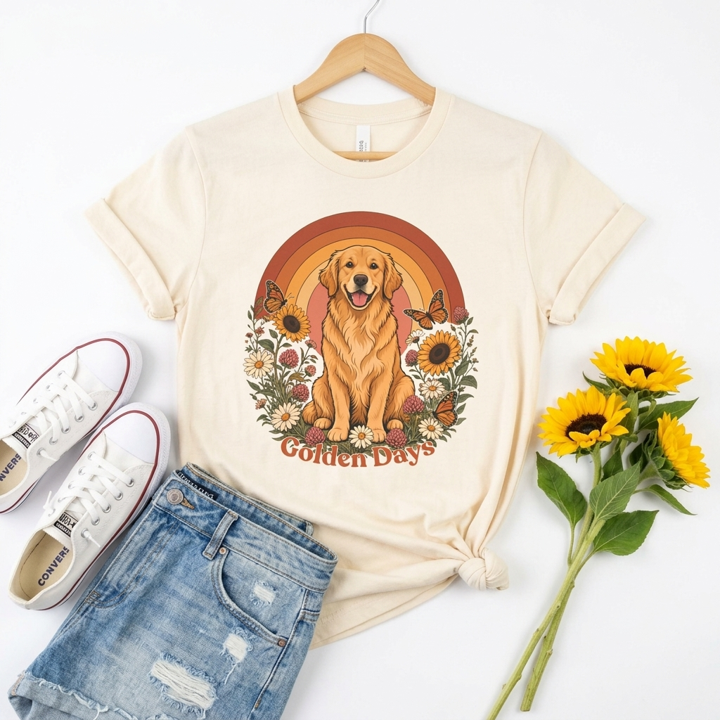 Golden Days Golden Retriever T-Shirt,  Retro Sunset Floral Dog Tee - 14969