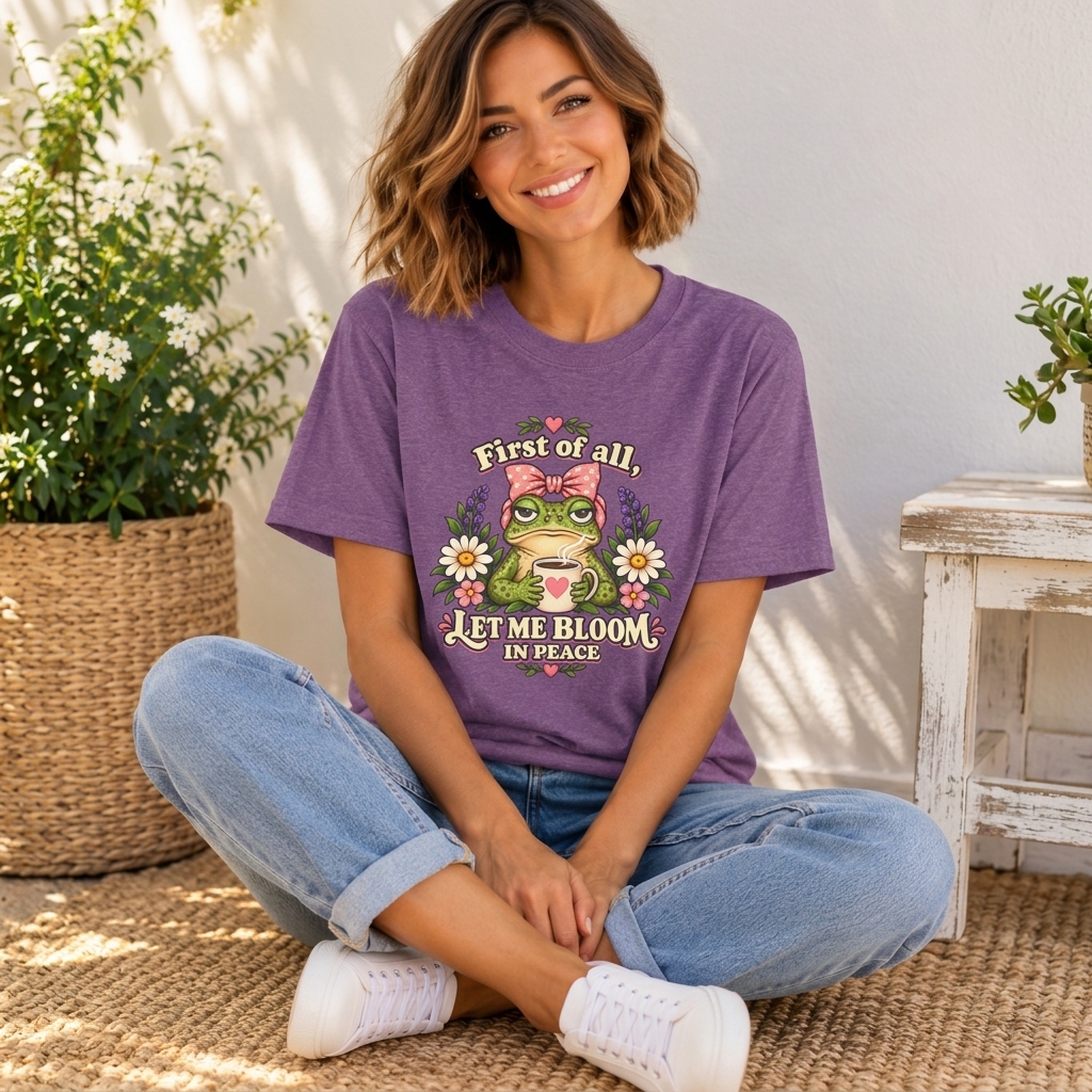 Let Me Bloom in Peace Frog T-Shirt, Cute Floral Coffee Tee - 14500