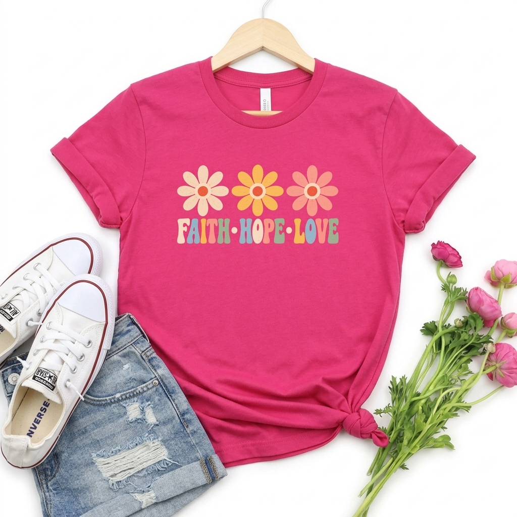 Faith Hope Love Floral T-Shirt, Retro Flower Graphic Tee - 14978
