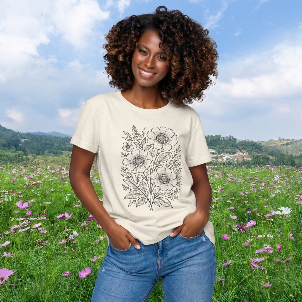 Vintage Floral Line Art T-Shirt, Botanical Wildflower Tee - 14561