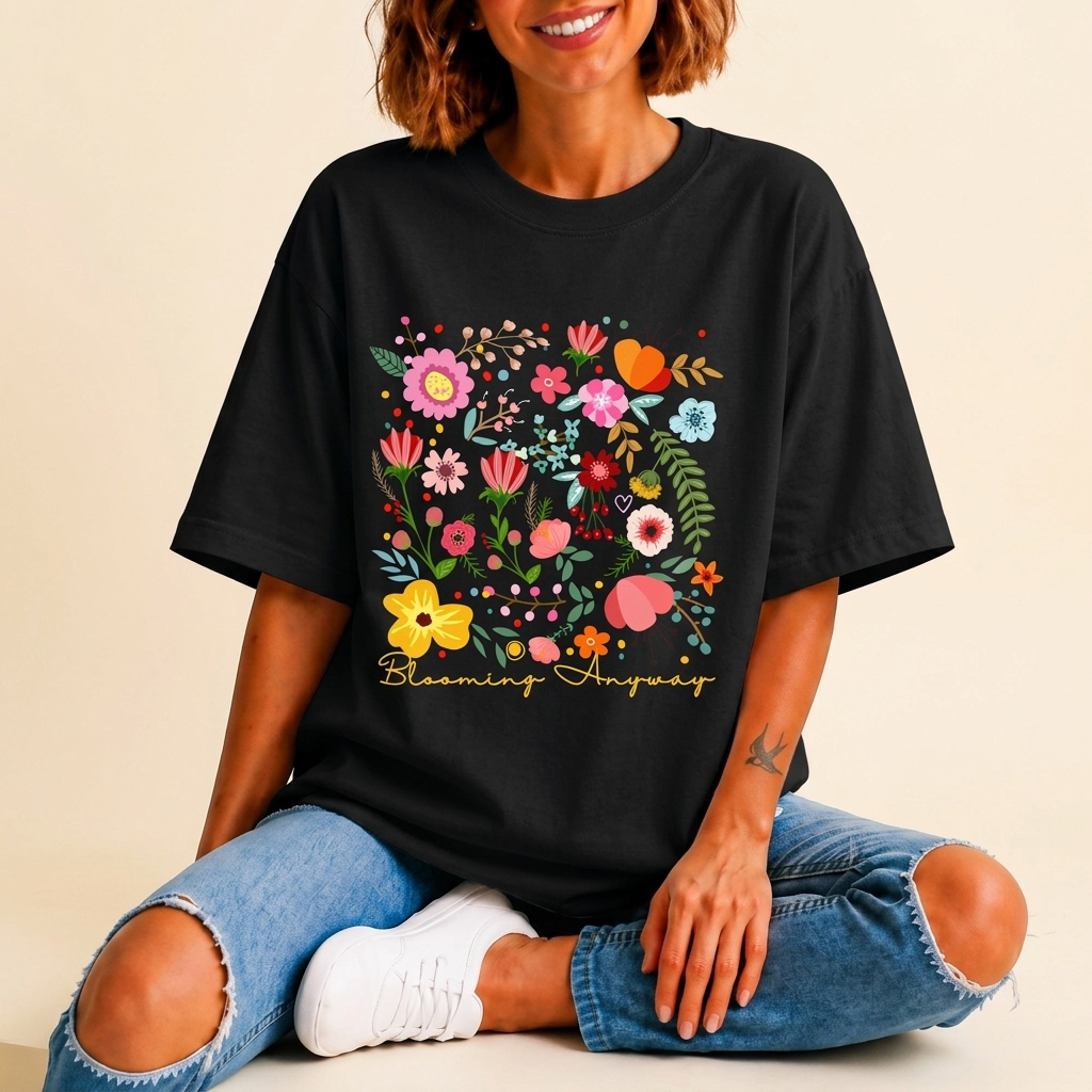 Blooming Anyway Floral T-Shirt, Colorful Wildflower Graphic Tee - 14967