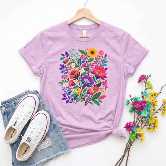 Bright Folk Art Floral T-Shirt, Colorful Flower Bouquet Tee - 14513