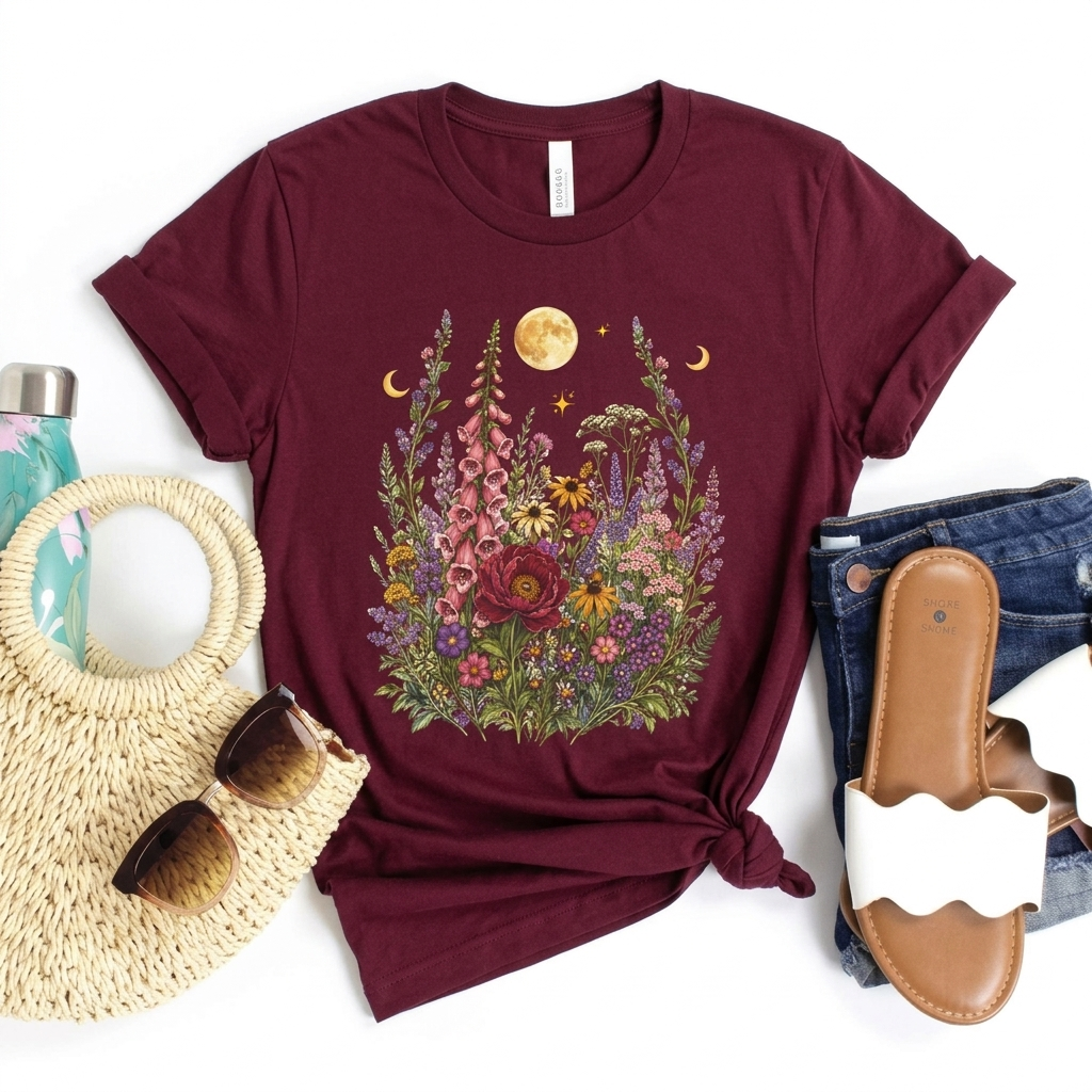 Floral Moon Garden T-Shirt, Vintage Wildflower & Celestial Graphic Tee - 14961