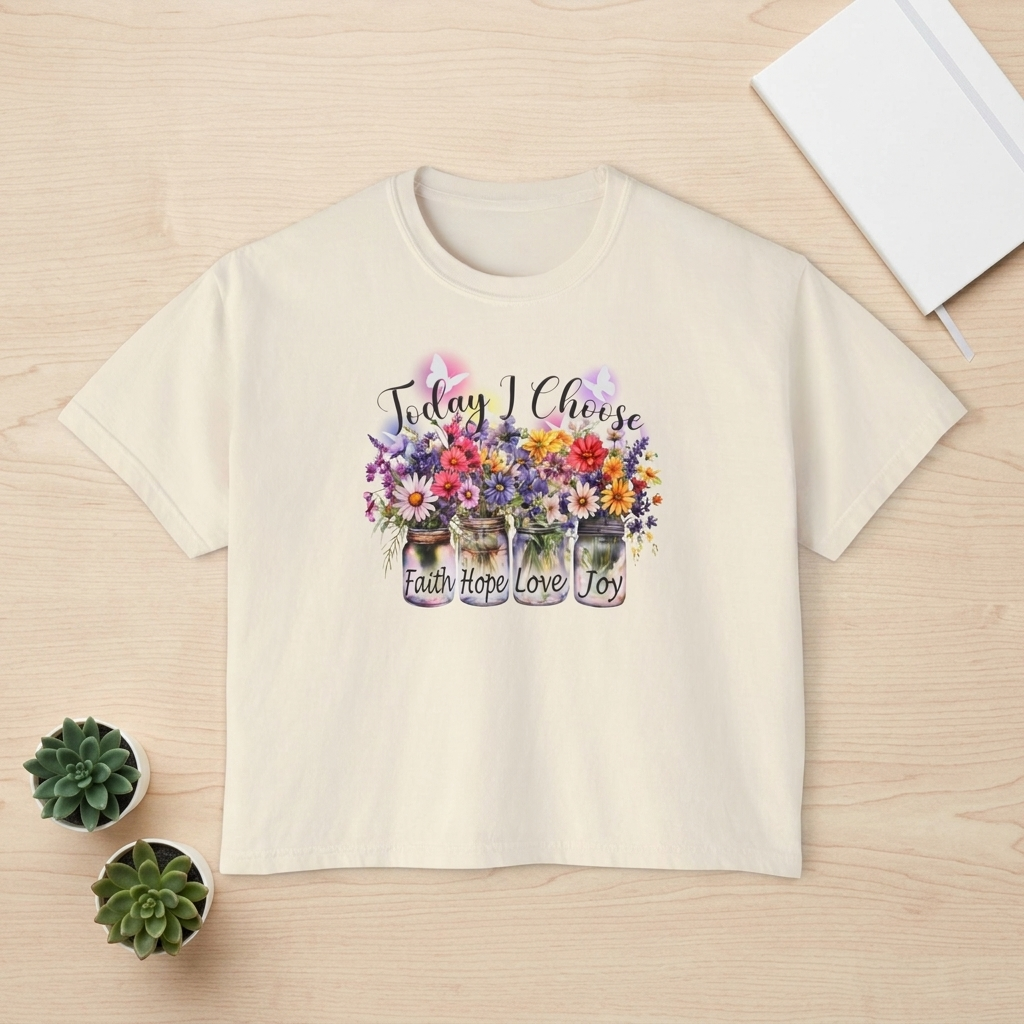 Today I Choose Faith Hope Love Joy Boxy T-Shirt — Floral Mason Jars Tee - 14938