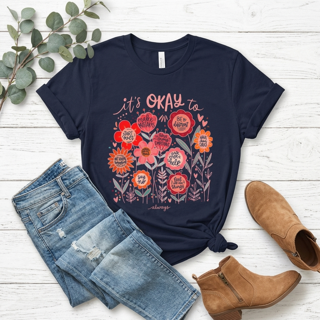 It’s Okay to Bloom Floral T-Shirt — Positive Mental Health Graphic Tee - 14928