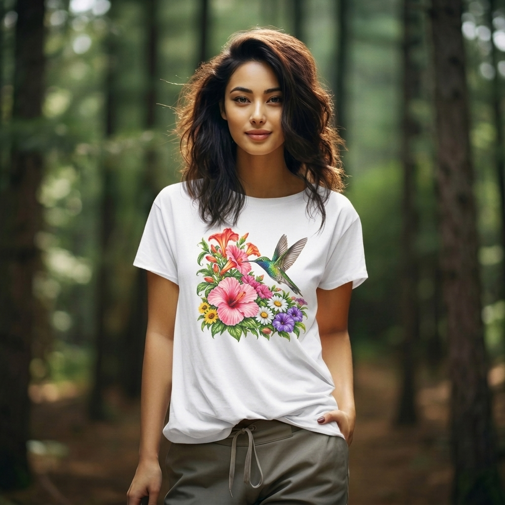 Hummingbird & Hibiscus T-Shirt, Colorful Tropical Floral Garden Tee - 14542