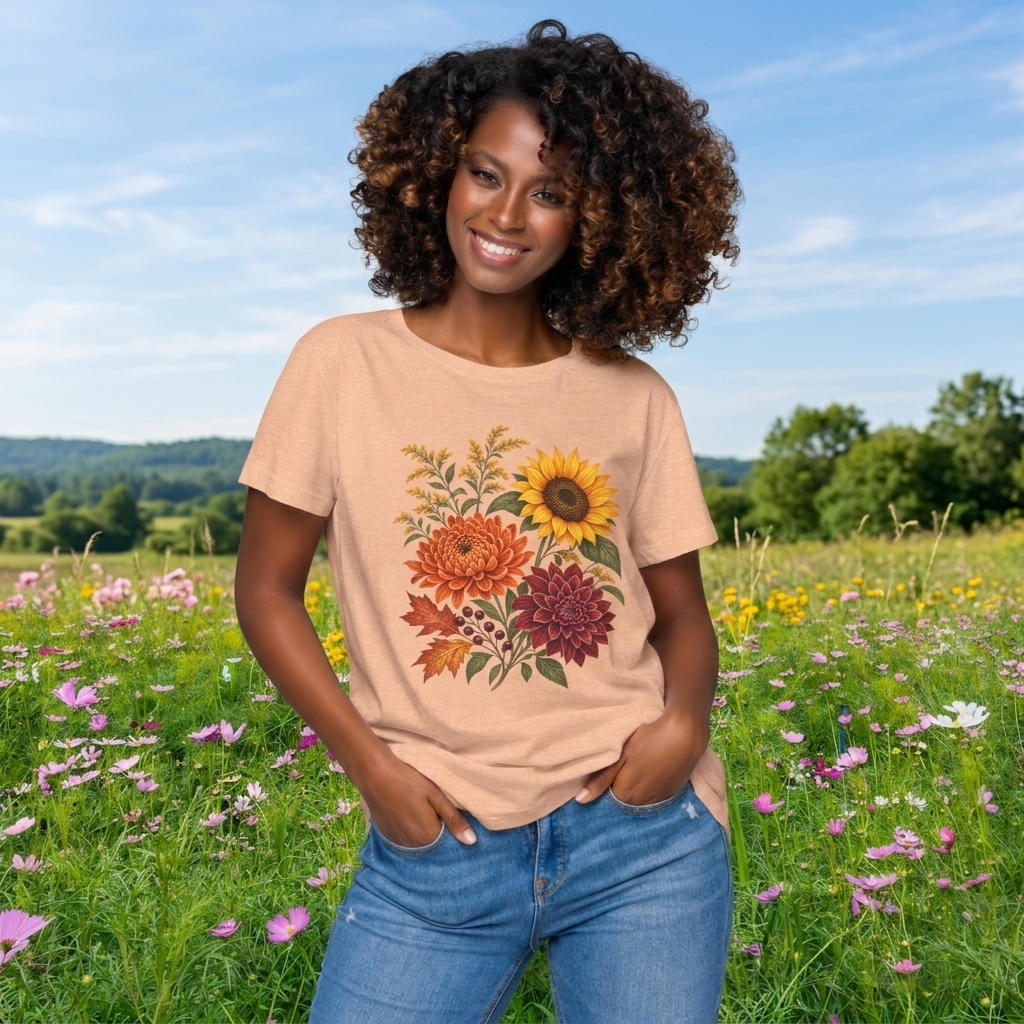 Autumn Wildflower Bouquet T-Shirt, Vintage Botanical Floral Tee - 14565