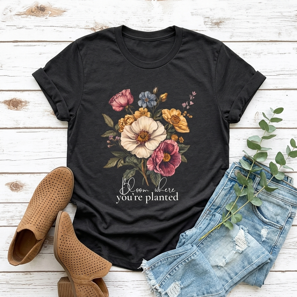 Bloom Where You’re Planted Floral T-Shirt, Vintage Botanical Graphic Tee -  14933