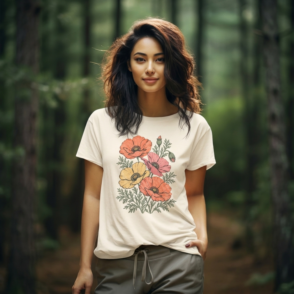 Floral Poppies T-Shirt, Vintage Wildflower Graphic Tee - 14988