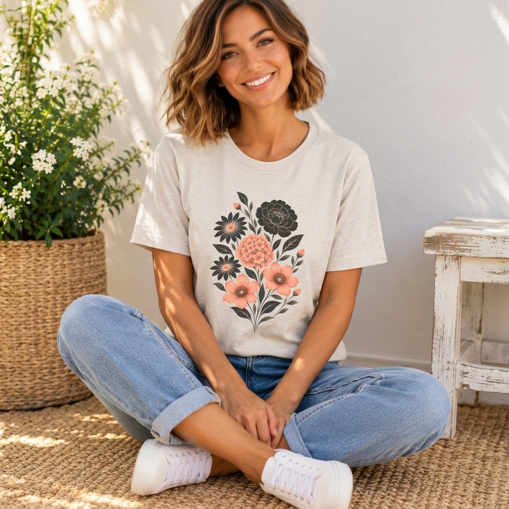 Floral Bouquet T-Shirt, Peach & Black Garden Flower Tee - 14502