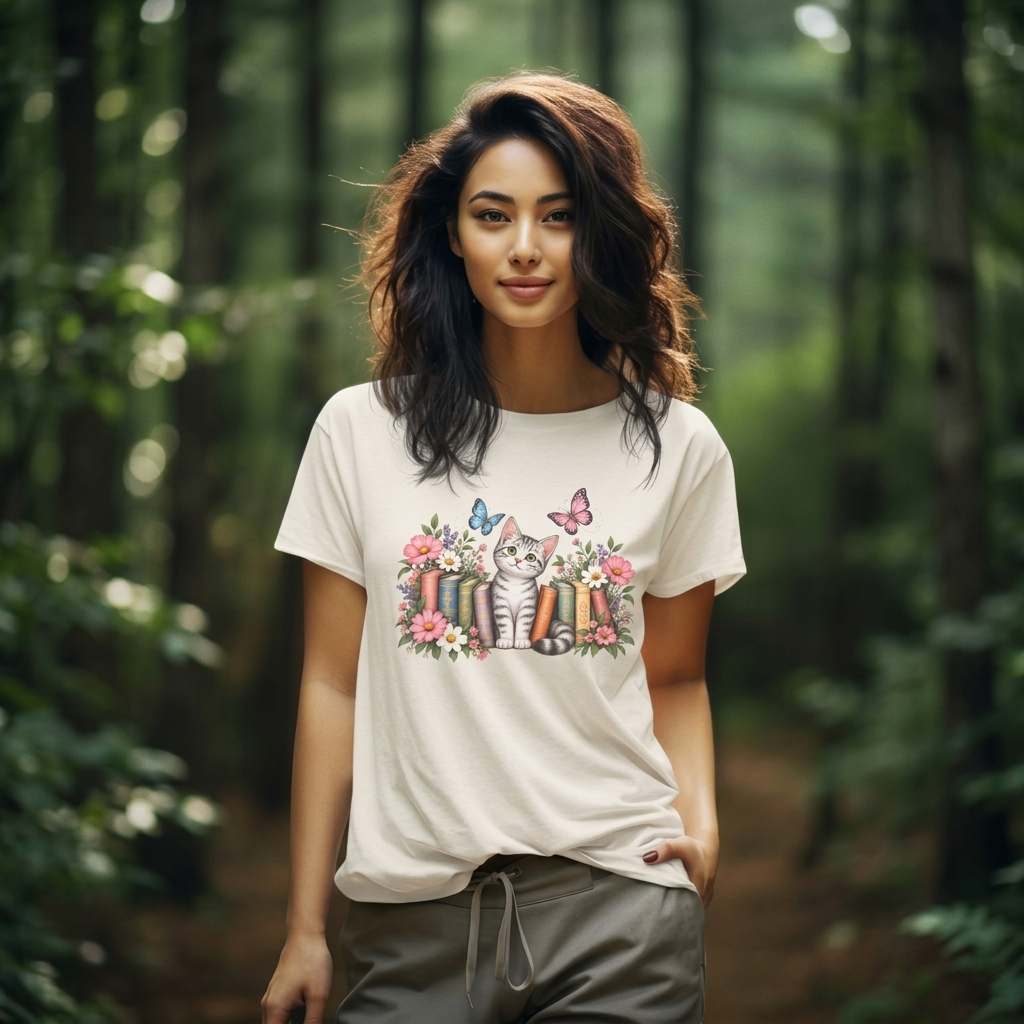 Cat & Books T-Shirt, Cute Floral Kitten & Butterfly Tee - 14526