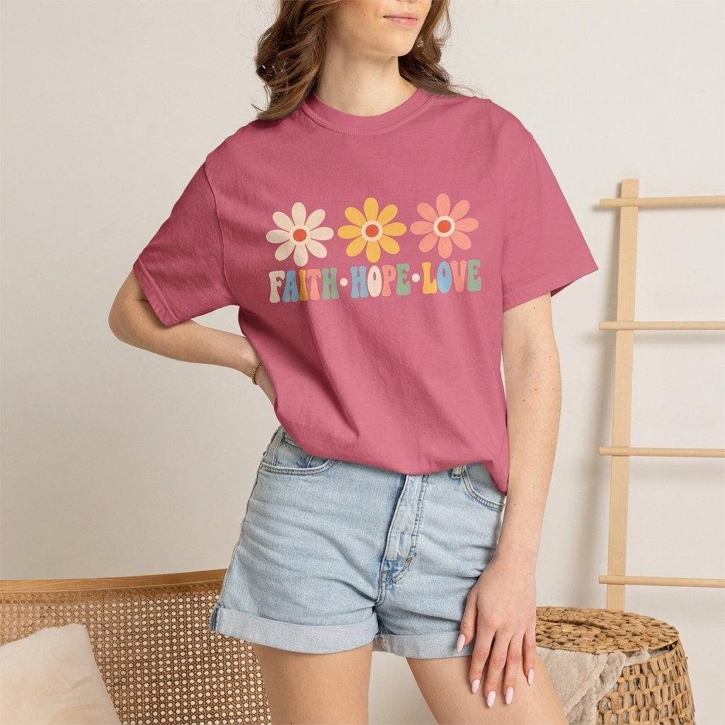 Faith Hope Love Floral T-Shirt,  Retro Flower Graphic Tee - 14979