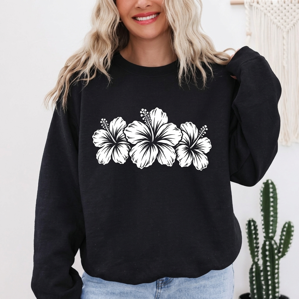 Hibiscus Floral Crewneck Sweatshirt,  Tropical Flower Graphic - 14996