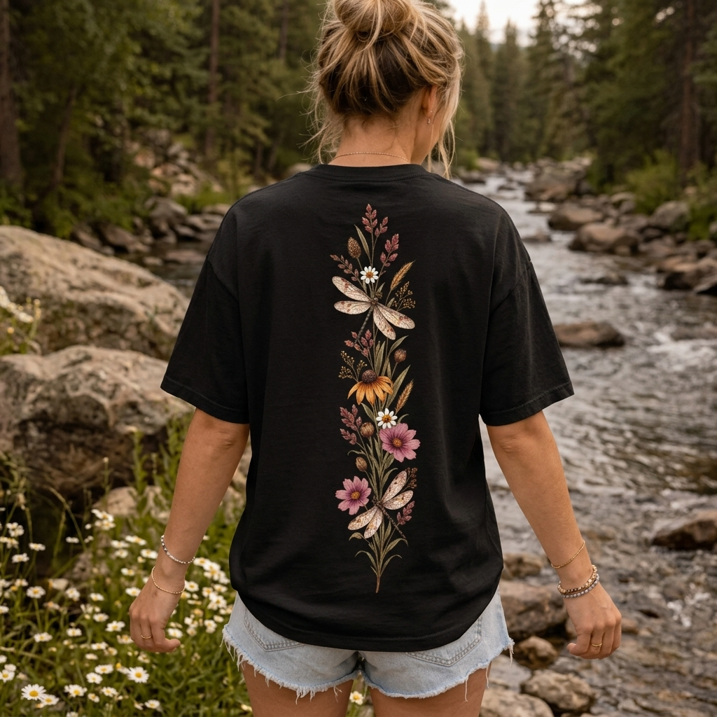 Vintage Wildflower & Dragonfly T-Shirt, Botanical Front & Back Tee - 14549
