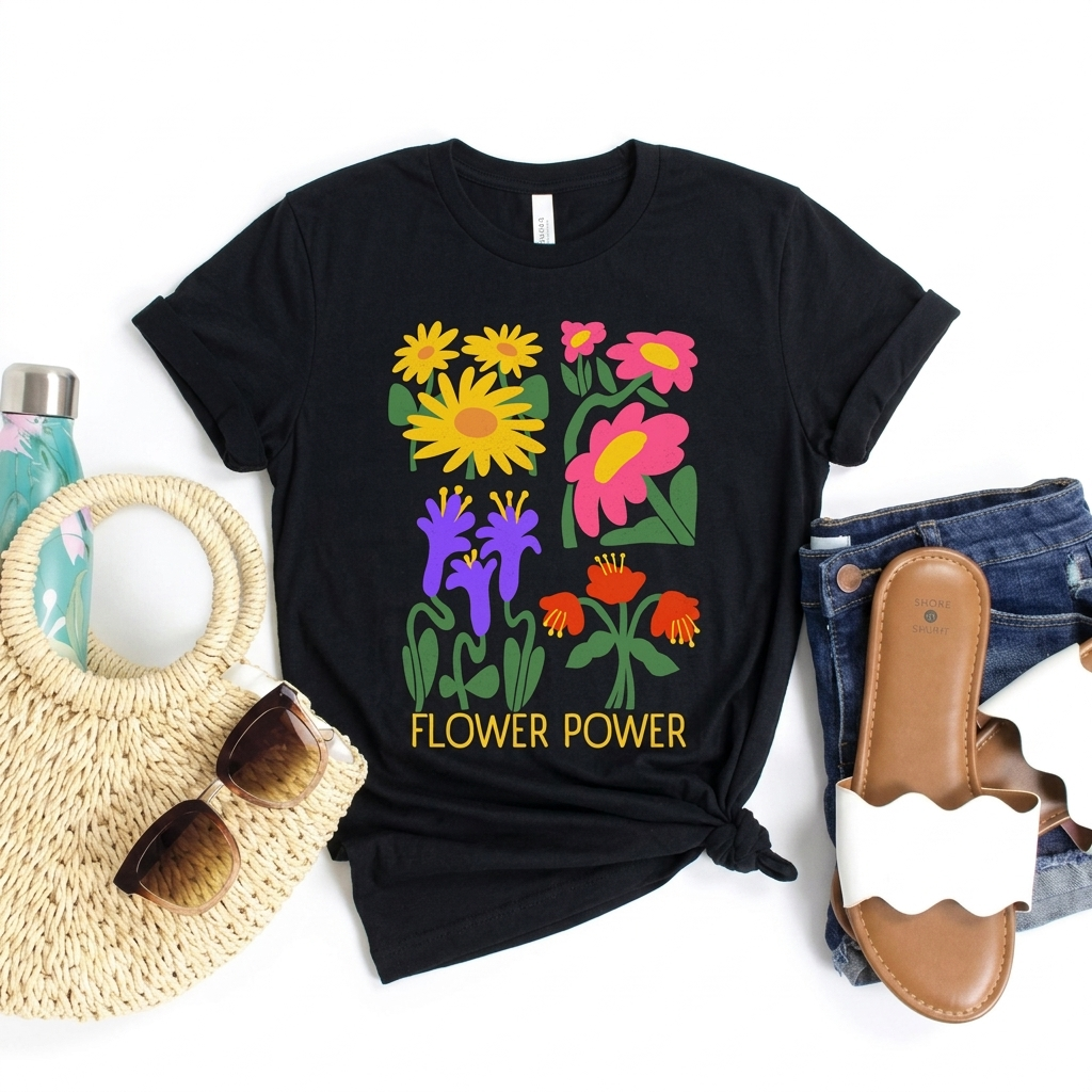 Flower Power T-Shirt — Retro Colorful Floral Graphic Tee - 14964
