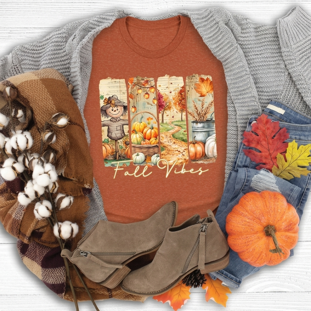Fall Vibes T-Shirt, Autumn Pumpkin, Scarecrow & Harvest Graphic Tee - 14948