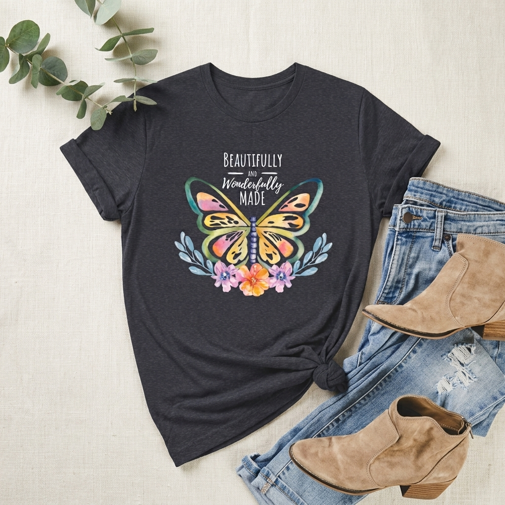 Beautifully & Wonderfully Made Butterfly T-Shirt, Inspirational Floral Graphic Tee - 14954