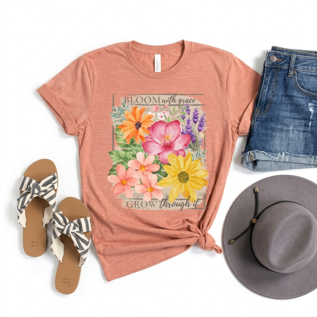 Bloom With Grace Floral T-Shirt, “Grow Through It” Inspirational Women’s Tee - 14943