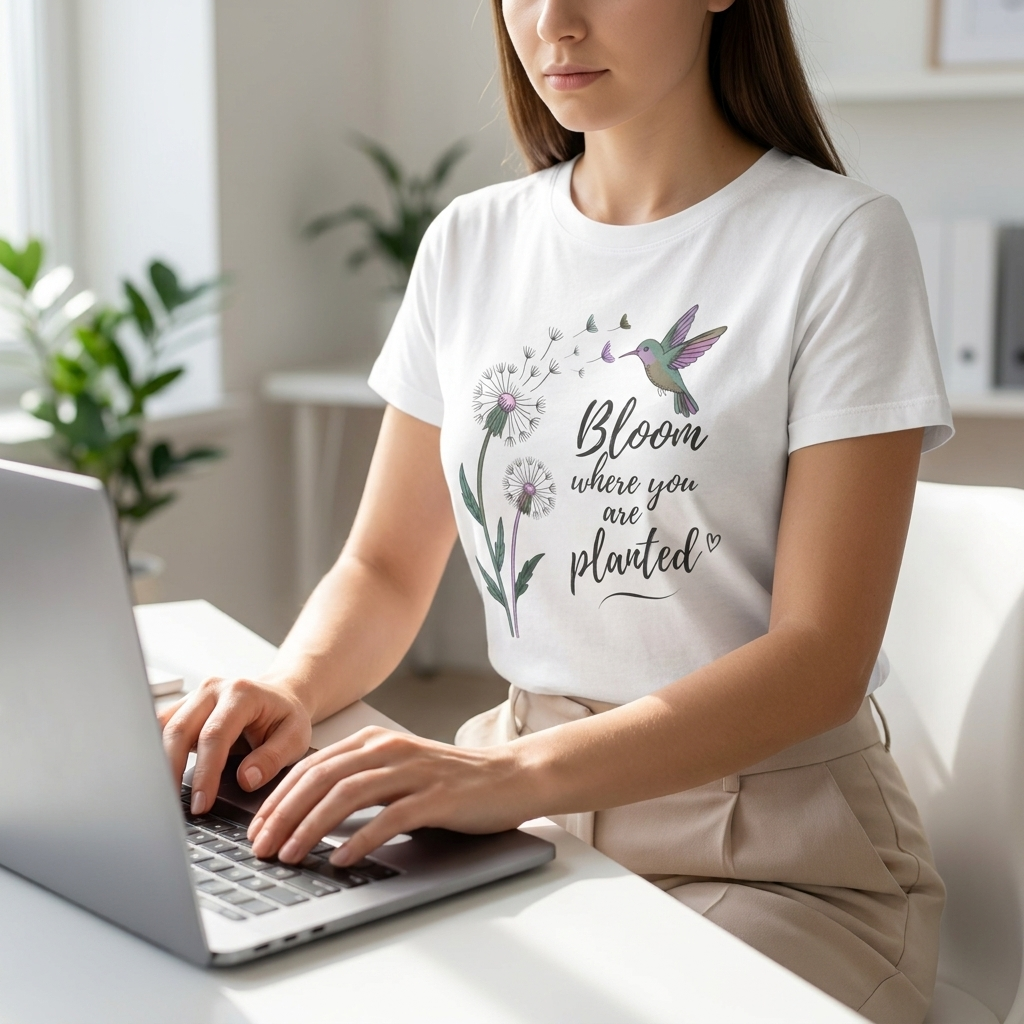 Bloom Where You Are Planted T-Shirt, Hummingbird & Dandelion Floral Graphic Tee - 14927
