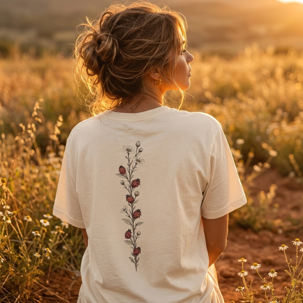 Daisy & Ladybug Floral T-Shirt, Minimal Wildflower Pocket Graphic Tee - 14963