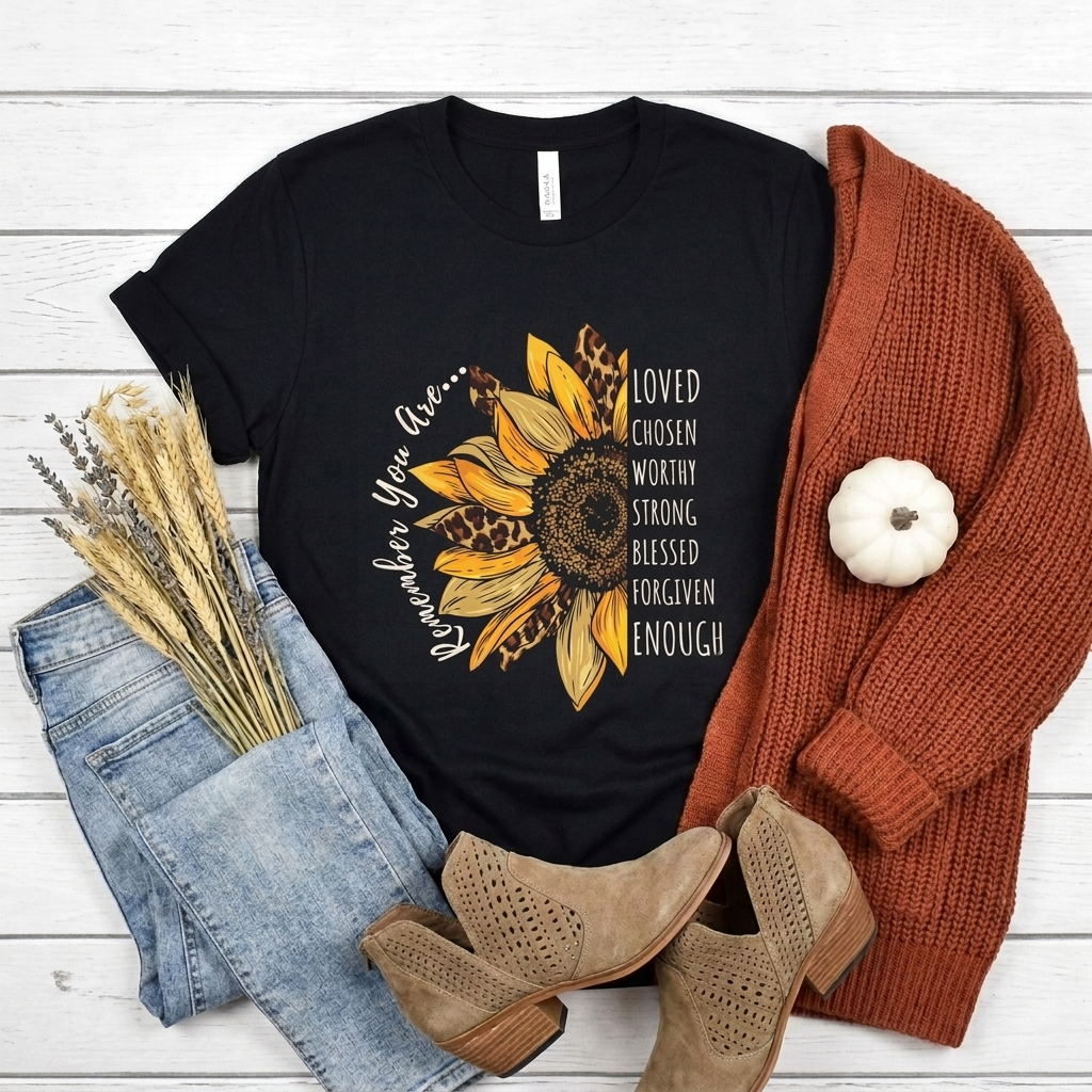 Sunflower Faith T-Shirt, “Remember You Are…” Inspirational Christian Tee - 14952