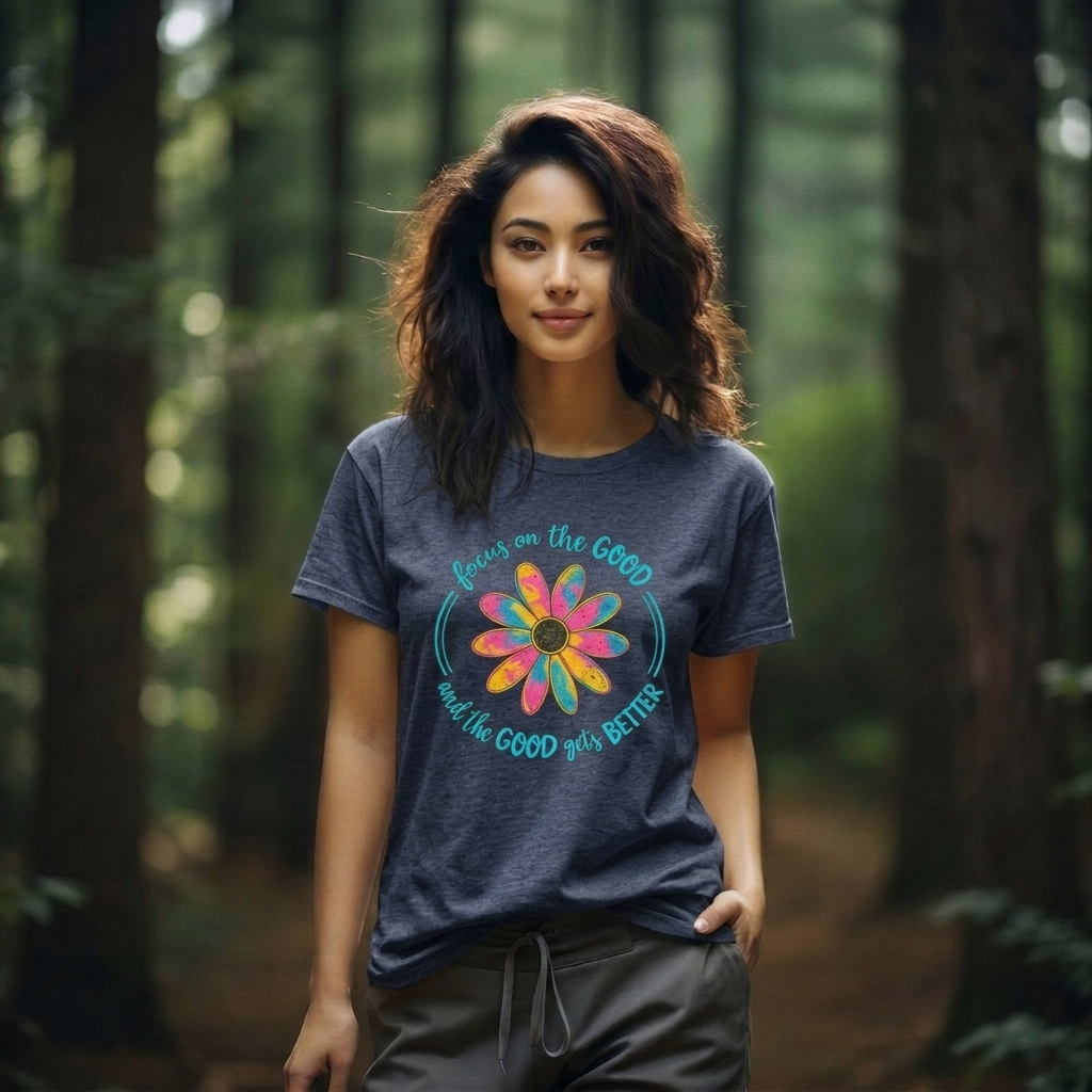 Focus on the Good T-Shirt, Colorful Retro Daisy Graphic Tee - 14563