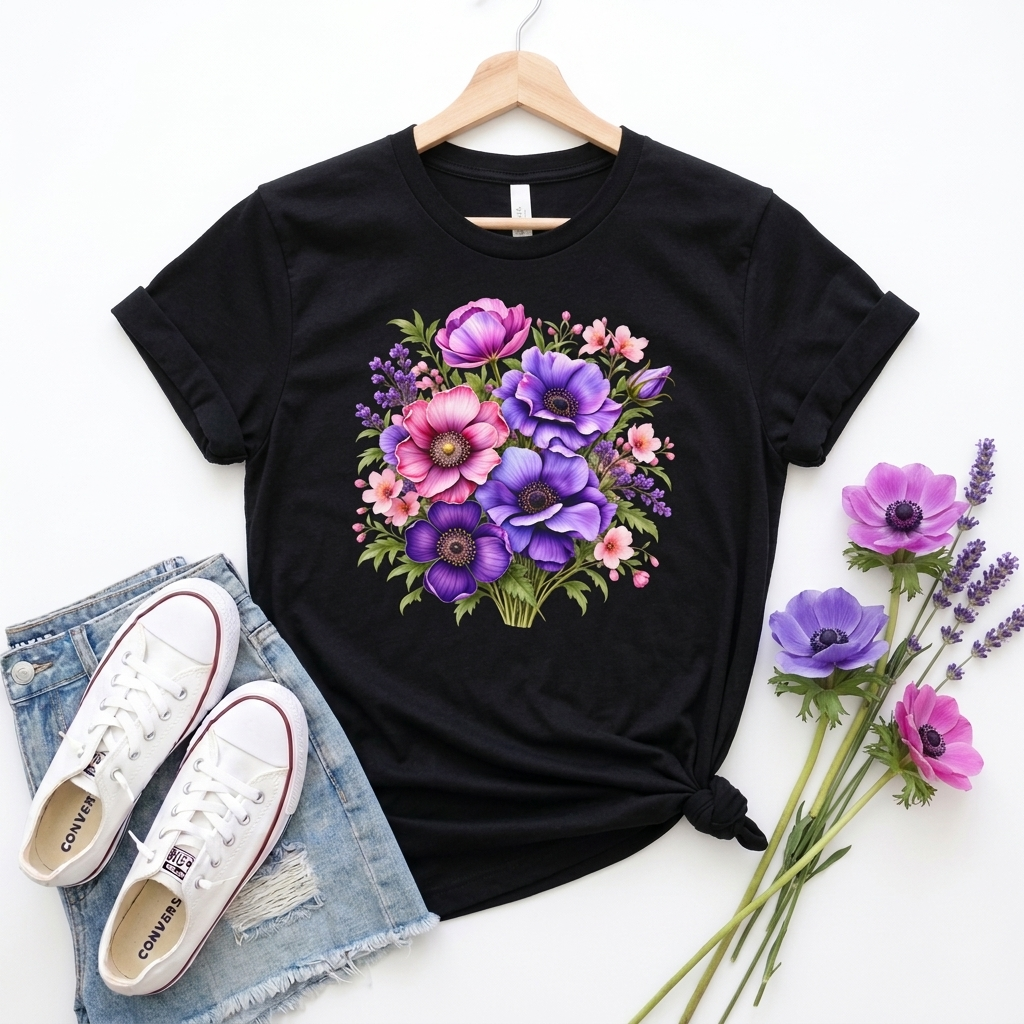Purple & Pink Floral Bouquet T-Shirt, Colorful Botanical Flower Tee - 14537