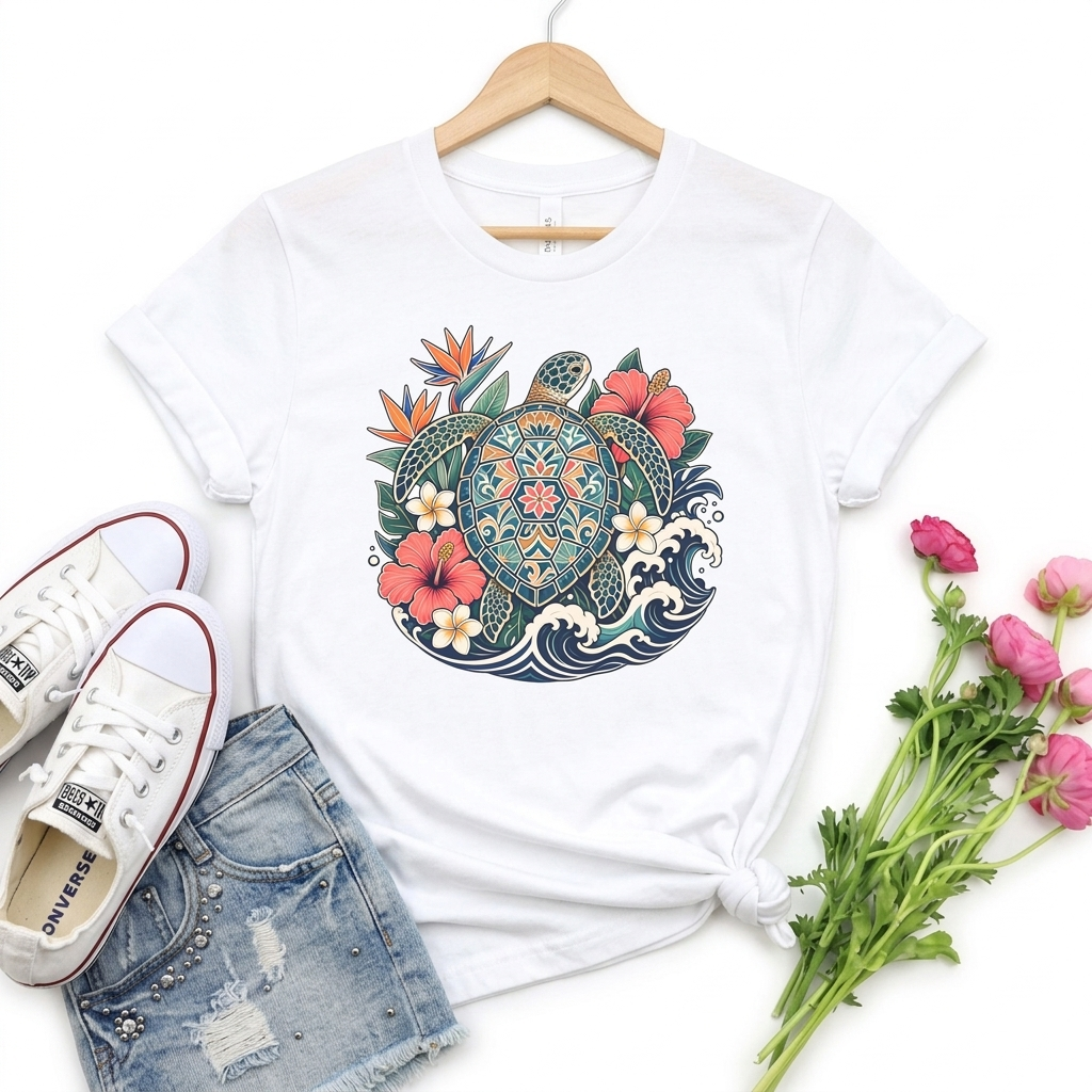 Sea Turtle Floral T-Shirt, Hawaiian Turtle Graphic Tee - 14973
