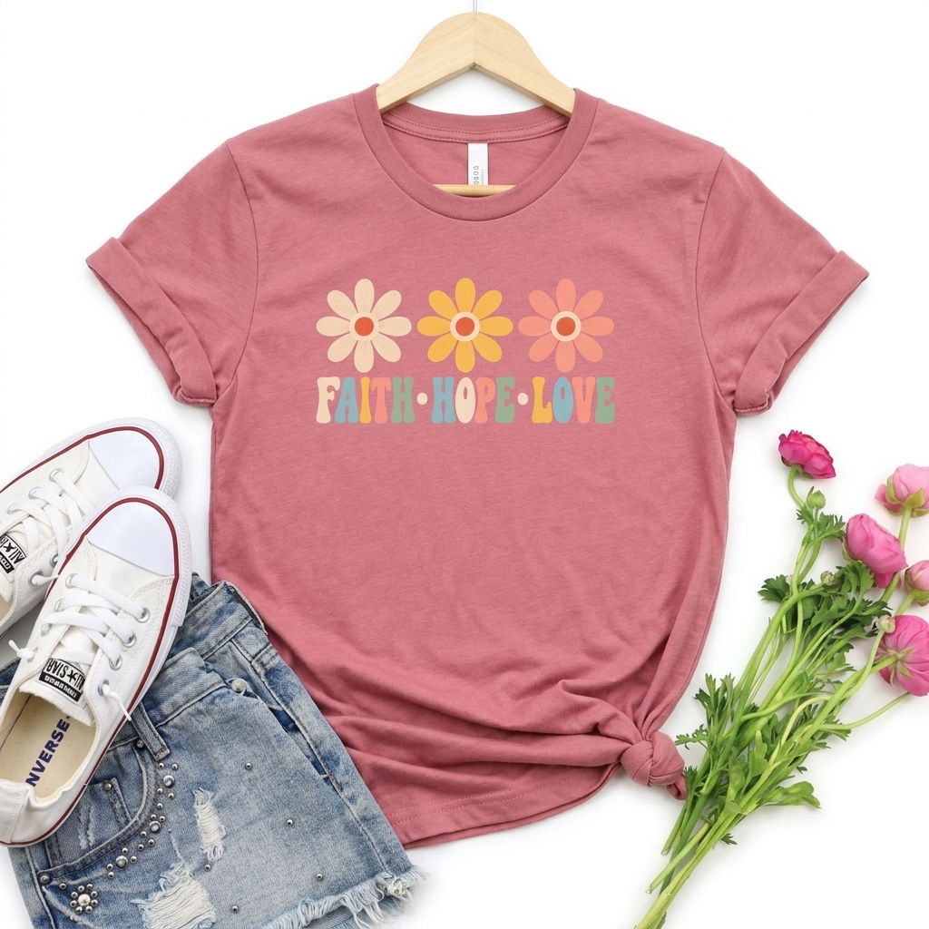 Faith Hope Love Floral T-Shirt,  Retro Flower Graphic Tee - 14979