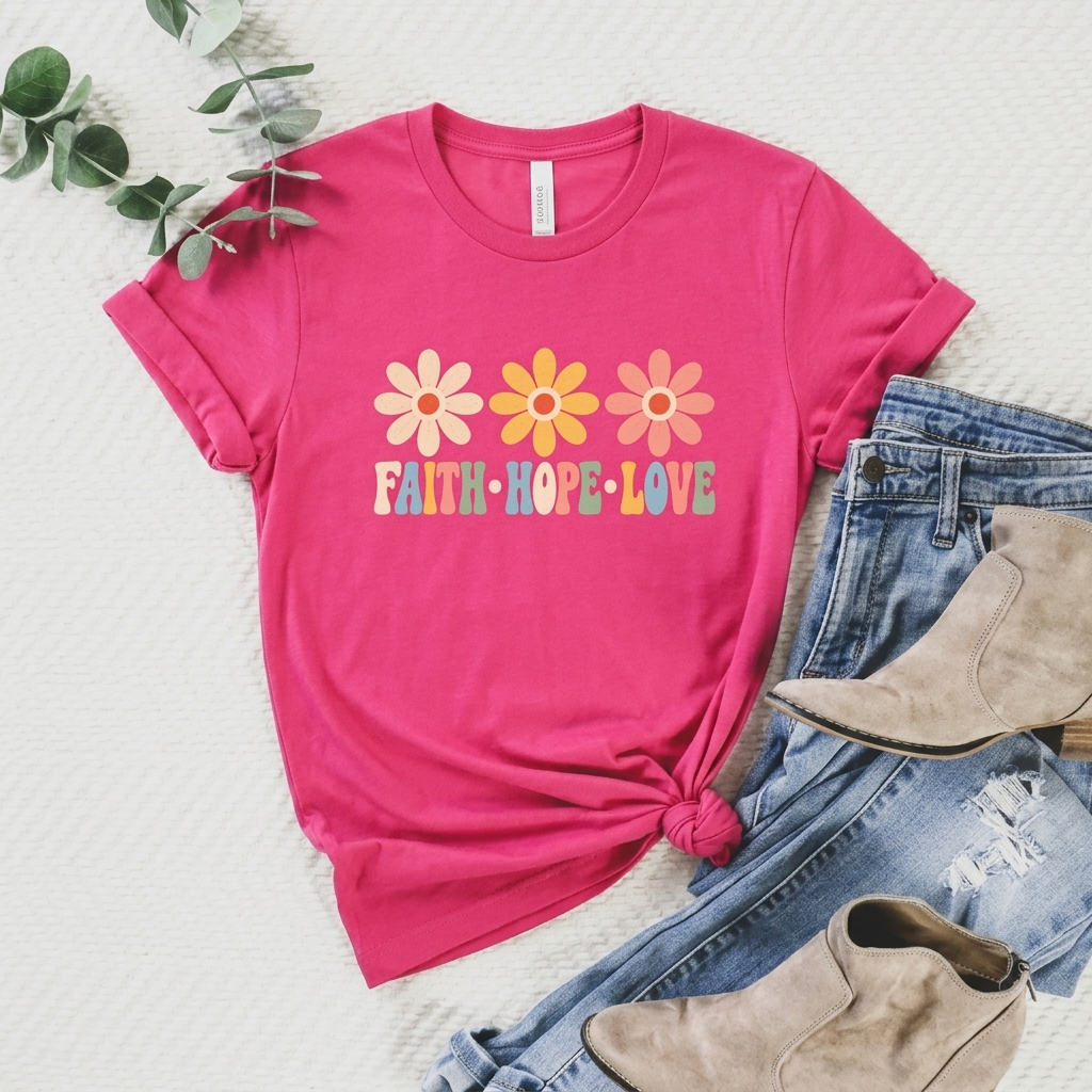 Faith Hope Love Floral T-Shirt, Retro Flower Graphic Tee - 14978