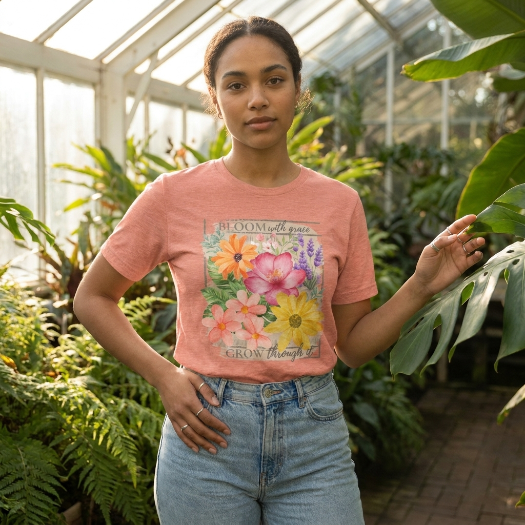 Bloom With Grace Floral T-Shirt, “Grow Through It” Inspirational Women’s Tee - 14943