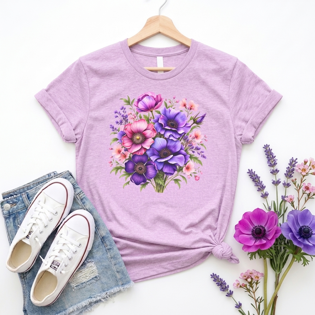 Purple & Pink Floral Bouquet T-Shirt, Colorful Botanical Flower Tee - 14537