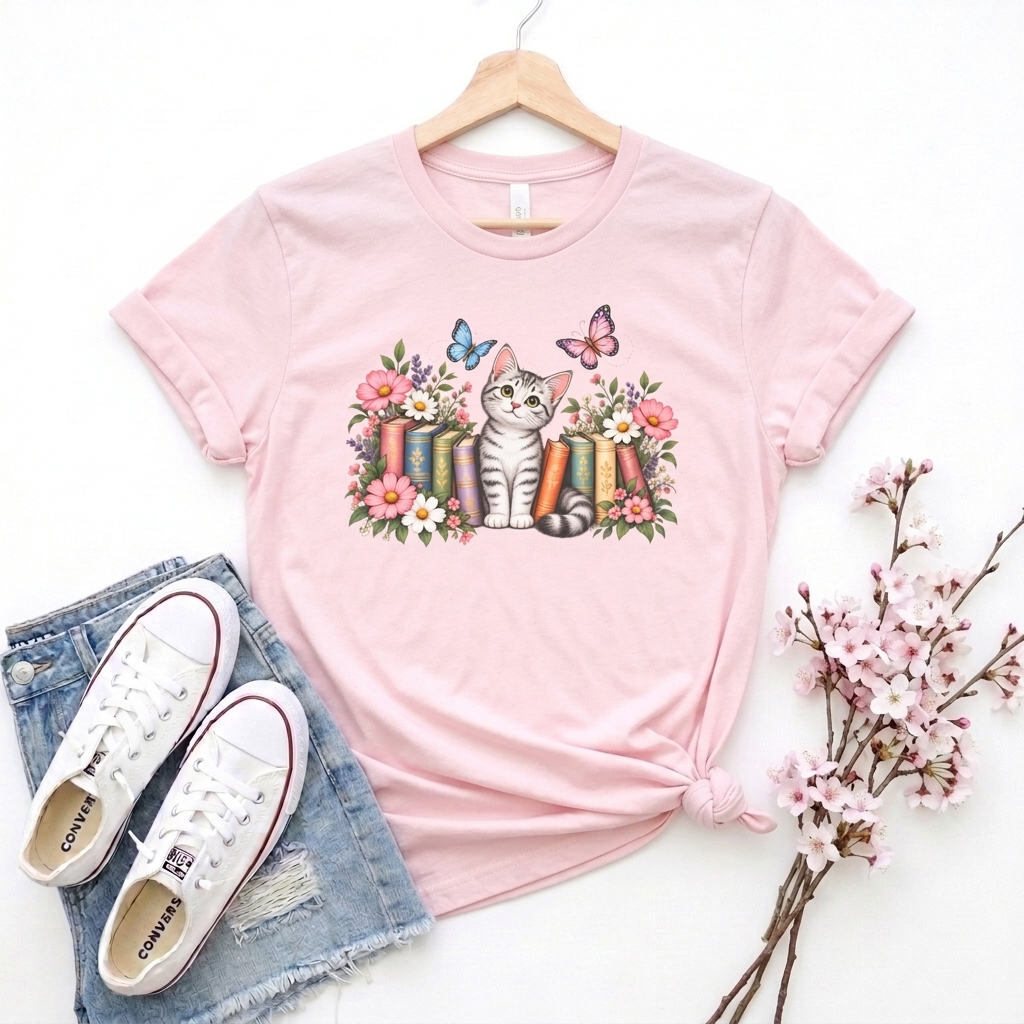 Cat & Books T-Shirt, Cute Floral Kitten & Butterfly Tee - 14526