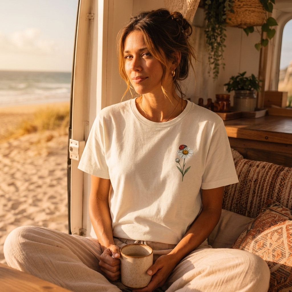 Daisy & Ladybug Floral T-Shirt, Minimal Wildflower Pocket Graphic Tee - 14963