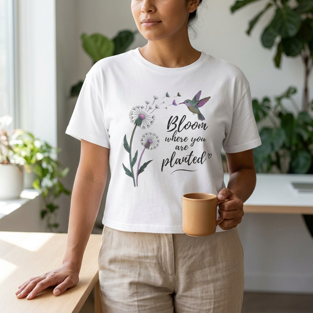 Bloom Where You’re Planted Boxy Tee, Women’s Hummingbird Floral Inspirational T-Shirt - 14926
