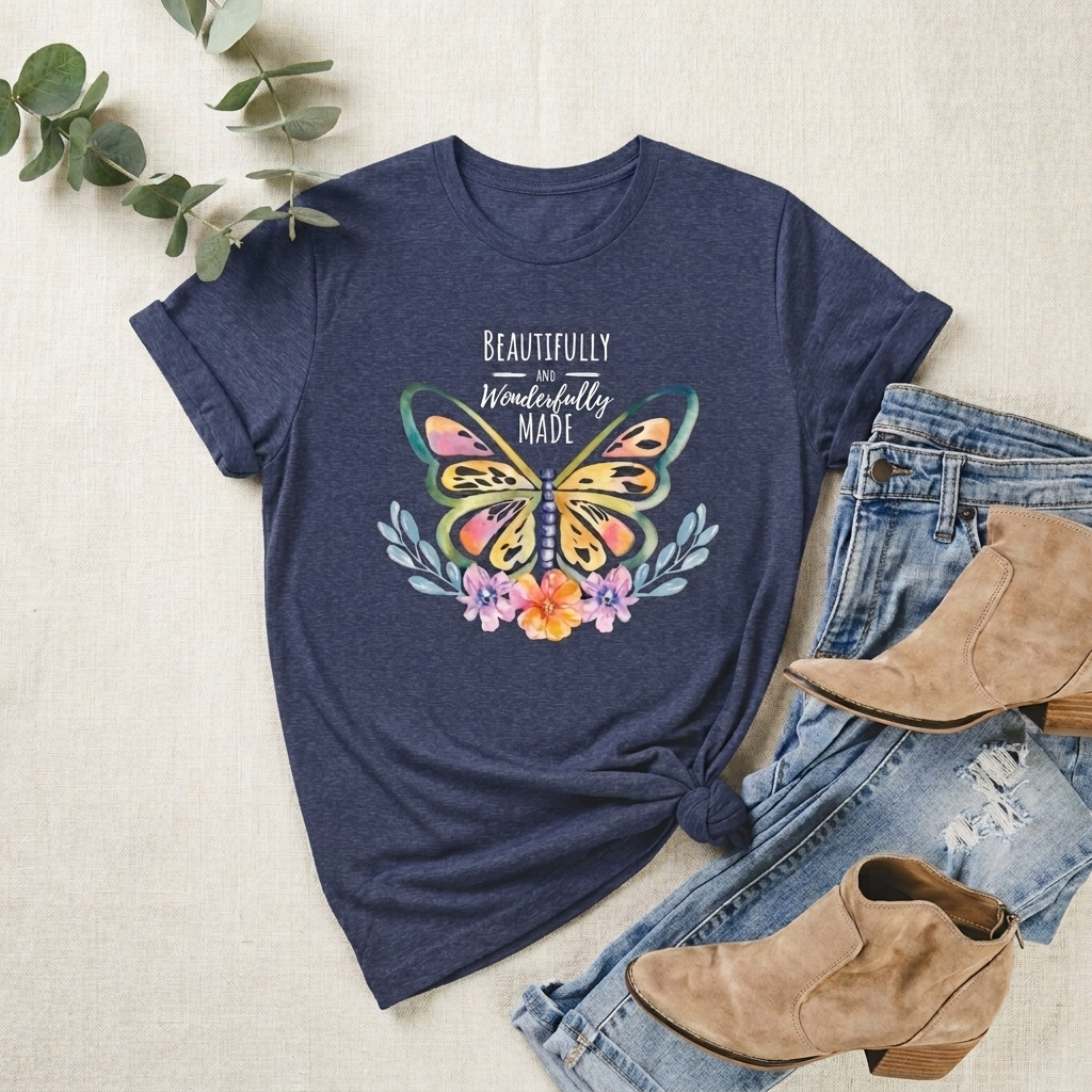 Beautifully & Wonderfully Made Butterfly T-Shirt, Inspirational Floral Graphic Tee - 14954