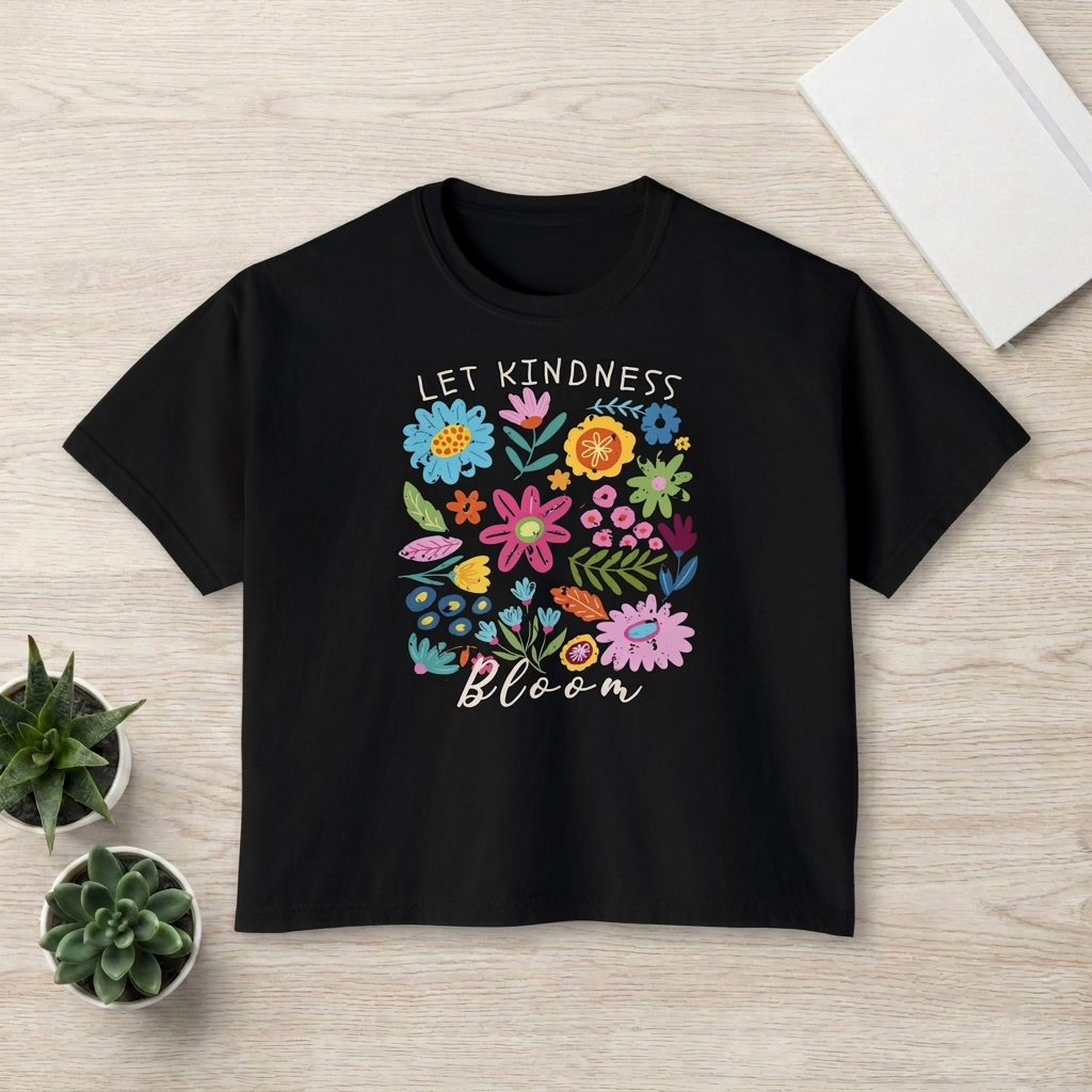Let Kindness Bloom Floral Boxy T-Shirt, Colorful Inspirational Flower Tee - 14946