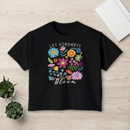 Let Kindness Bloom Floral Boxy T-Shirt, Colorful Inspirational Flower Tee - 14946
