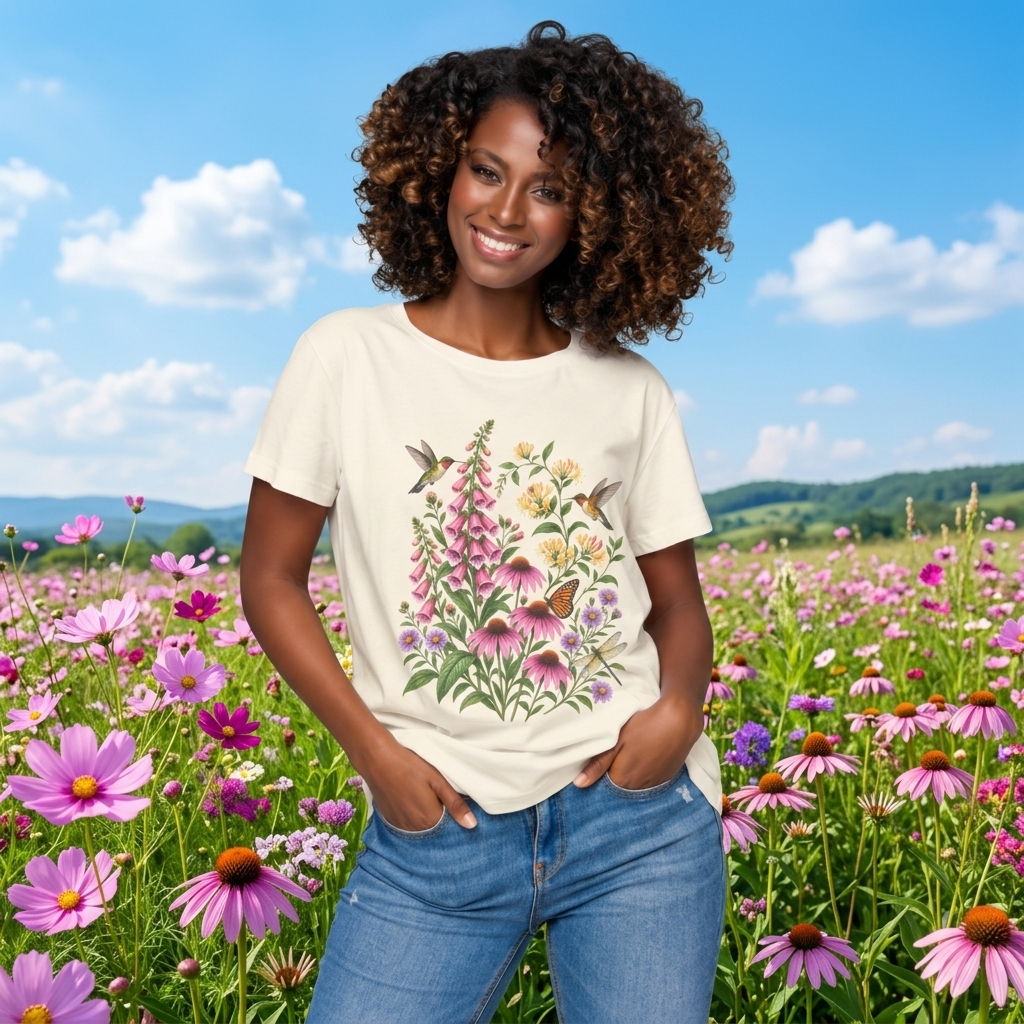 Floral Hummingbird Garden T-Shirt, Wildflower & Butterfly Botanical Tee - 14547