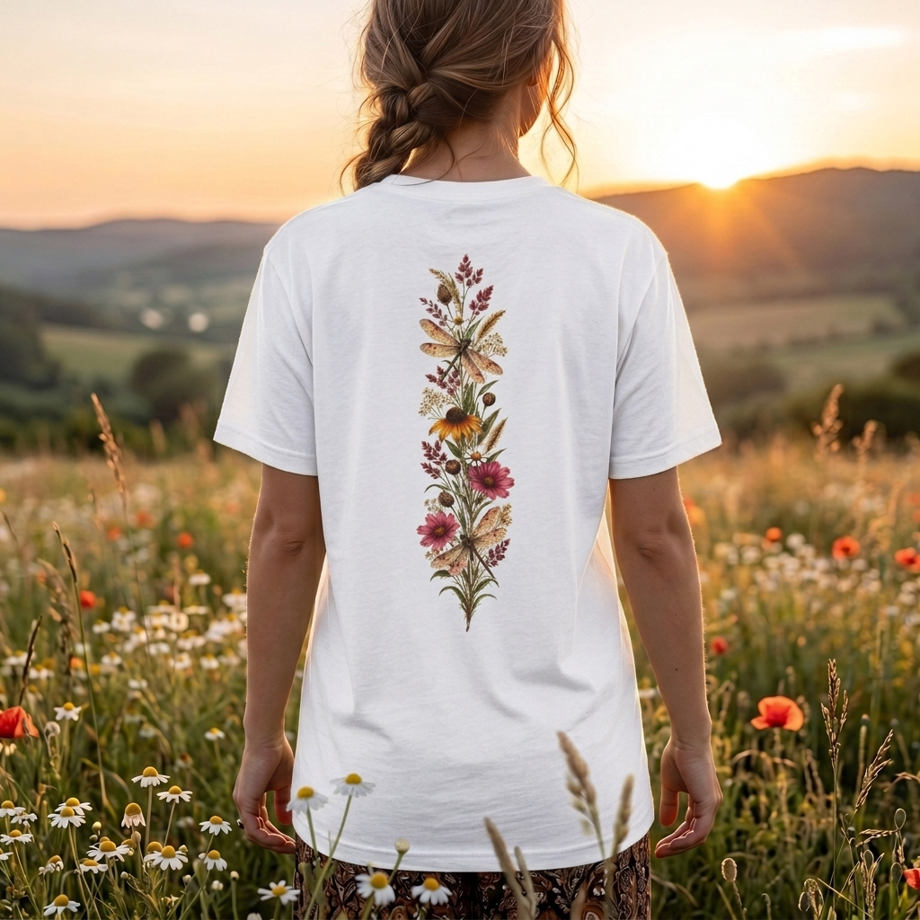 Vintage Wildflower & Dragonfly T-Shirt, Botanical Front & Back Tee - 14549