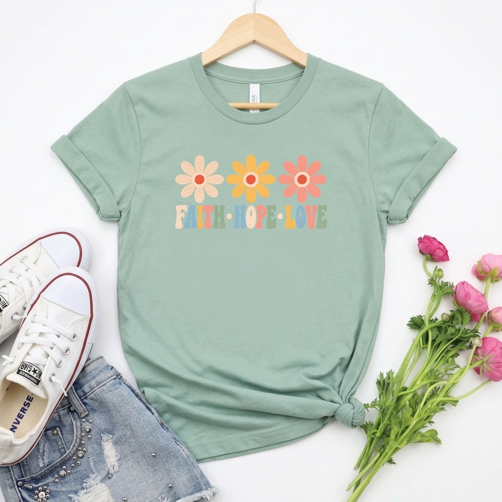 Faith Hope Love Floral T-Shirt,  Retro Flower Graphic Tee - 14979