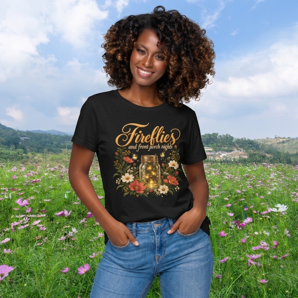 Fireflies and Front Porch Nights T-Shirt, Vintage Floral Mason Jar Tee - 14567