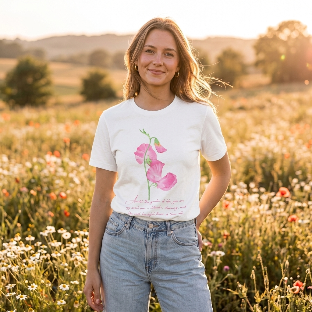 Sweet Pea Floral T-Shirt, Pink Watercolor Flower Graphic Tee - 14962