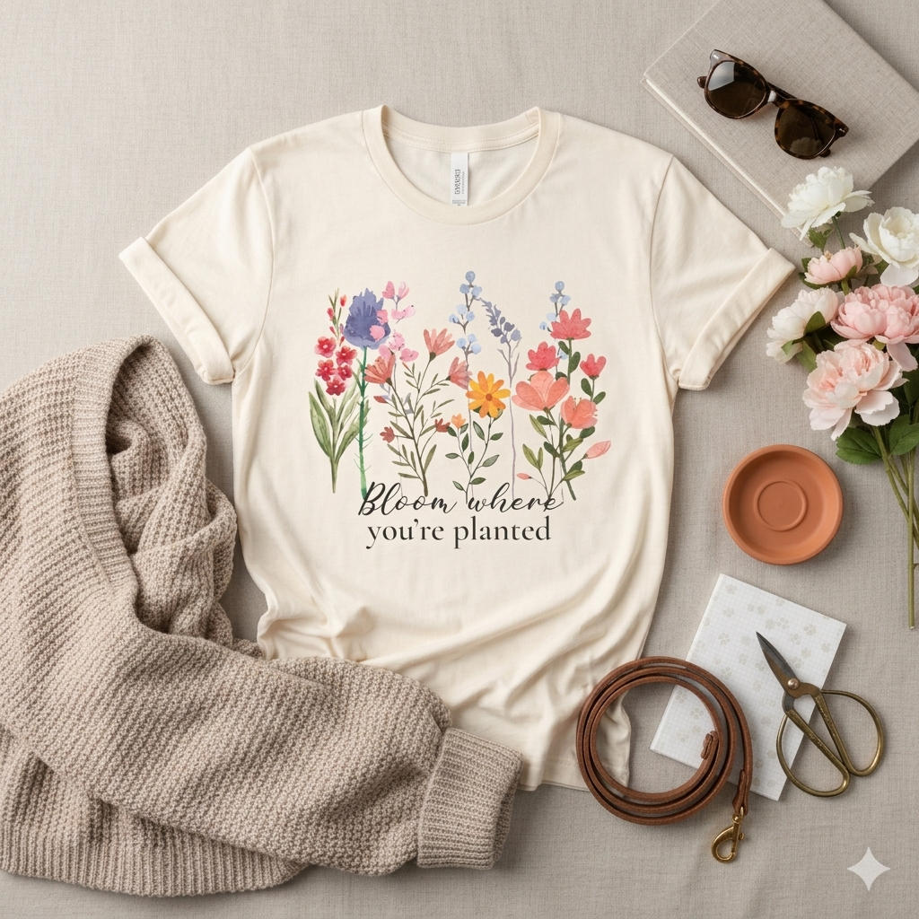 Bloom Where You’re Planted Floral T-Shirt,  Inspirational Flower Garden Tee - 14939