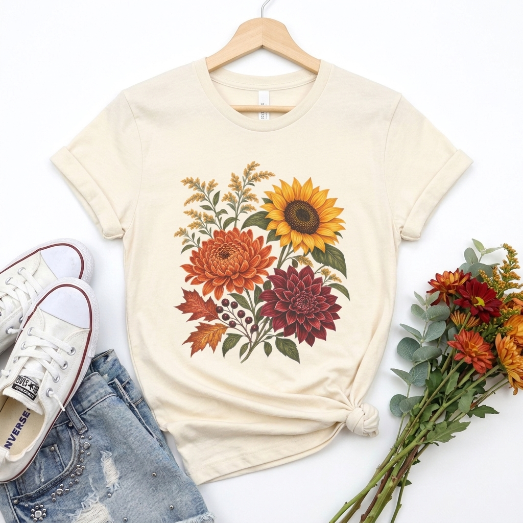 Autumn Wildflower Bouquet T-Shirt, Vintage Botanical Floral Tee - 14565