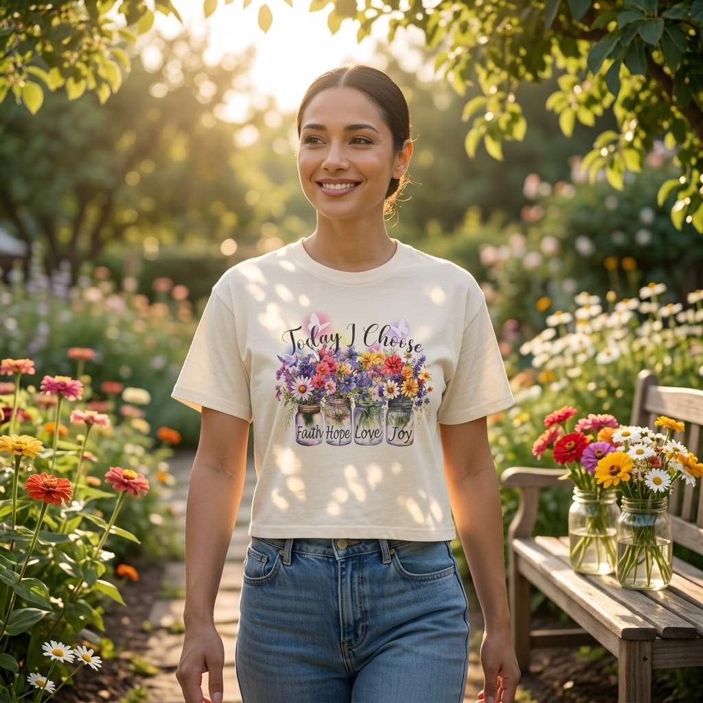Today I Choose Faith Hope Love Joy Boxy T-Shirt — Floral Mason Jars Tee - 14938